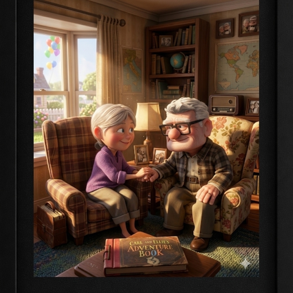 Animated Elderly Couple in Cozy Room Art Print In A Frame 8x10